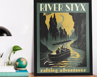 Impresión artística de mitología griega Póster de mitología griega Aventuras de rafting en el río Estigia Póster de estilo vintage Arte de pared de mitología Arte de pared griego