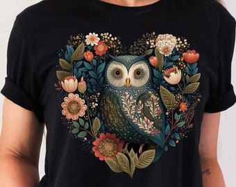 Camisa de búho floral Camisa Cottagecore Ropa Cottagecore Ropa Cottagecore Camisa botánica Arte popular Camiseta de búho Búho Merch Camisa de flores silvestres
