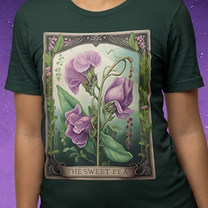 Camisa de carta del tarot botánico Camisa del tarot del guisante dulce Camisa del tarot Camisetas de la carta del tarot Camisa botánica para mujeres Abril Mes del nacimiento Camiseta de flores