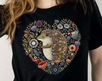 Floral Hedgehog Shirt Cottagecore Shirt Cottage Core Shirt Cottagecore Clothing Cottagecore Clothes Botanical Shirt Folk Art Tee