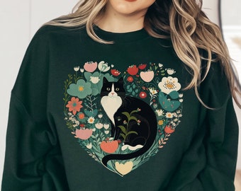 Floral Tuxedo Cat Sweatshirt Cottagecore Sweatshirt Cat Sweater Cottagecore Clothes Tuxedo Cat Gifts Botanical Sweater Tuxedo Cats