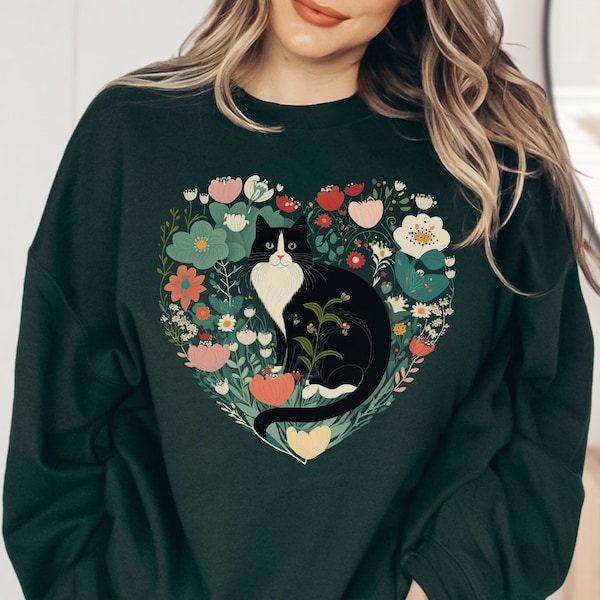 Floral Tuxedo Cat Sweatshirt Cottagecore Sweatshirt Cat Sweater Cottagecore Clothes Tuxedo Cat Gifts Botanical Sweater Tuxedo Cats