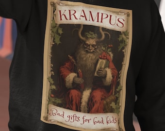 Könnte beinhalten: Ein schwarzes Sweatshirt mit einer Vintage-Illustration von Krampus, einem Weihnachtsdämon, der ein Buch hält. Der Text lautet "Krampus Bad gifts for bad kids".