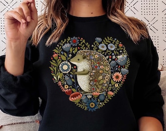 Floral Hedgehog Sweatshirt Cottagecore Sweatshirt Cottage Core Sweater Cottagecore Clothing Cottagecore Clothes Folk Art Sweatshirt