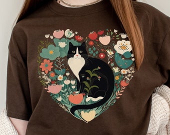 Floral Tuxedo Cat Shirt Cottagecore Shirt Cottagecore Clothes Tuxedo Cat Gifts Botanical Shirt Tuxedo Cats Cat Mom Shirt
