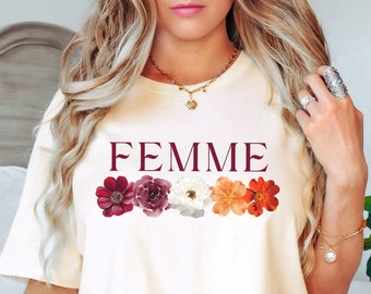 Koszulka Femme Lesbian Wildflowers Subtelna koszulka lesbijska Pride Koszulka Sapphic Dyskretna koszulka Pride Strój dumy Koszulka lesbijska z kwiatami LGBTQ Pride