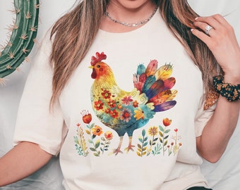 Koszulka z kurczakiem w stylu ludowym Koszulka z kurczakiem w kwiaty Koszulka z kurczakiem dla mamy Koszulka z kurczakiem Cottagecore Koszulka z kurczakiem Miłośnik kurczaków Prezenty z kurczakiem Koszulka z dziewczyną z prowincji