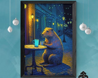 Capy Terrace at Night Capybara Art Print Capybara Poster Capybara Wall Art Capybara Gift Impressionist Art Capybara Gifts Funny Poster