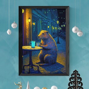 Capybara terras bij nacht Capibara Art Print Capibara Poster Capibara Wall Art Capibara Gift impressionistische kunst Capibara geschenken grappige Poster