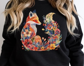 Sudadera con estampado de zorros y flores Sudadera Cottagecore Camisa Cottagecore Ropa Cottagecore Ropa Cottagecore Camisa botánica Suéter de arte popular