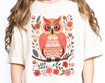 Camisa de búho floral Camisa Cottagecore Ropa Cottagecore Ropa Cottagecore Camisa botánica Arte popular Camiseta de búho Búho Merch Camisa de flores silvestres