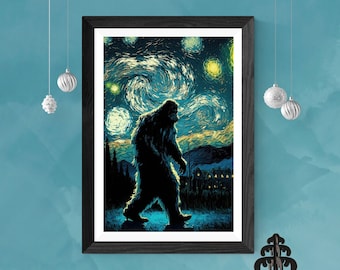 Starry Night Bigfoot Poster Cryptid Art Print Impressionist Sasquatch Art Print Cryptid Gift Cryptid Poster Cryptids Cryptidcore Art