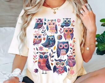 Camisa de búho floral Camisa Cottagecore Ropa Cottagecore Ropa Cottagecore Camisa botánica Camiseta de arte popular Camiseta de búho Merch Flores silvestres