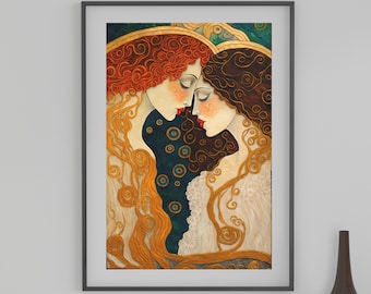 May include: A painting of two women with flowing hair, one with red hair and the other with brown hair, embracing each other. The background is a dark blue with gold and green accents.