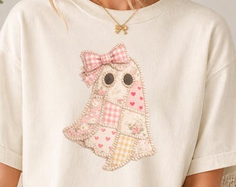 Comfort Colors Faux Patchwork Coquette Ghost Shirt Summerween Shirt Cute Ghost Shirt Faux Quilted Cottagecore Shirt Pink Ghost Shirt