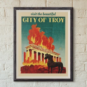 Griechische Mythologie Kunstdruck Griechische Mythologie Poster Stadt Troja trojanisches Pferd Vintage Stil Poster Mythologie Wandkunst Griechische Wandkunst