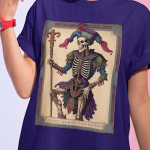 Camisa de cartão de tarô do bobo da corte camisa de carnaval o tolo cartão de tarô t camisa camisas de tarô feminino laissez les bons temps rouler esqueleto palhaço camisa