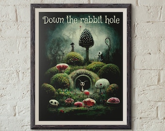 Down the Rabbit Hole Poster Alice in Wonderland Art White Rabbit Art Lewis Carroll Wall Art Literature Poster Literary Poster Book Cover Art