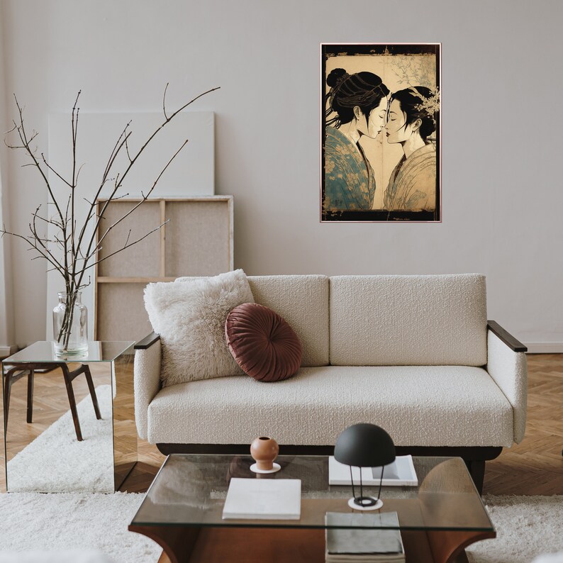 May include: A vintage-style print of two women in traditional Japanese clothing, with their faces close together, set against a beige background with a black frame.