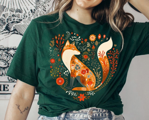 Floral Fox Shirt Cottagecore Shirt Cottage Core Shirt Cottagecore Clothing Cottagecore Clothes Botanical Shirt Folk Art Tee