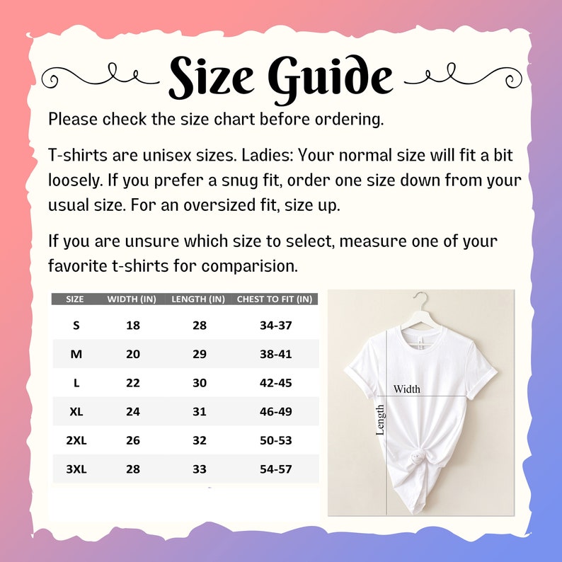 May include: Size chart for t-shirts with measurements in inches for width, length, and chest to fit. The chart shows sizes from S to 3XL. A white t-shirt is shown on a hanger with the words "Width" and "Length" labeled.