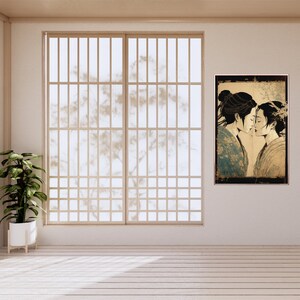 May include: A black and white illustration of two people in traditional Japanese clothing, with a light brown background. The illustration is framed in a black frame.