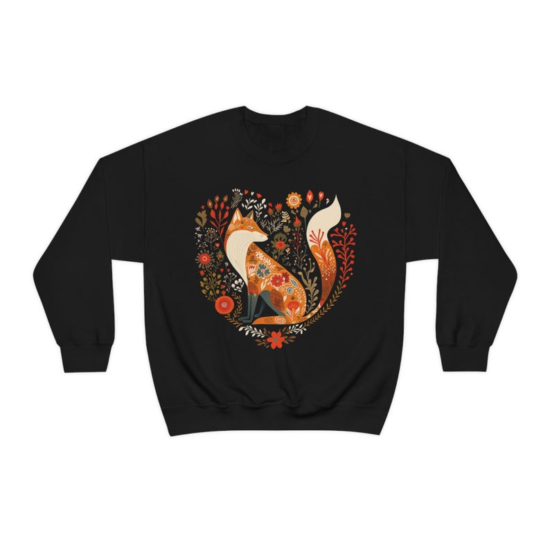 Floral Fox Sweatshirt Cottagecore Sweatshirt Cottage Core Shirt Cottagecore Clothing Cottagecore Clothes Botanical Shirt Folk Art Sweater Black