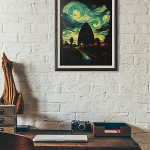May include: A framed print of a large moth standing in a field with a starry sky in the background. The image is painted in a style reminiscent of Vincent van Gogh's "Starry Night".