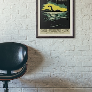 May include: A vintage travel poster advertising Loch Ness, Scotland. The poster features a green and yellow illustration of the Loch Ness Monster swimming in the water. The text on the poster reads "Loch Ness Endless adventure" and "Canoes - Paddleboards - Kayaks year-round rentals available."