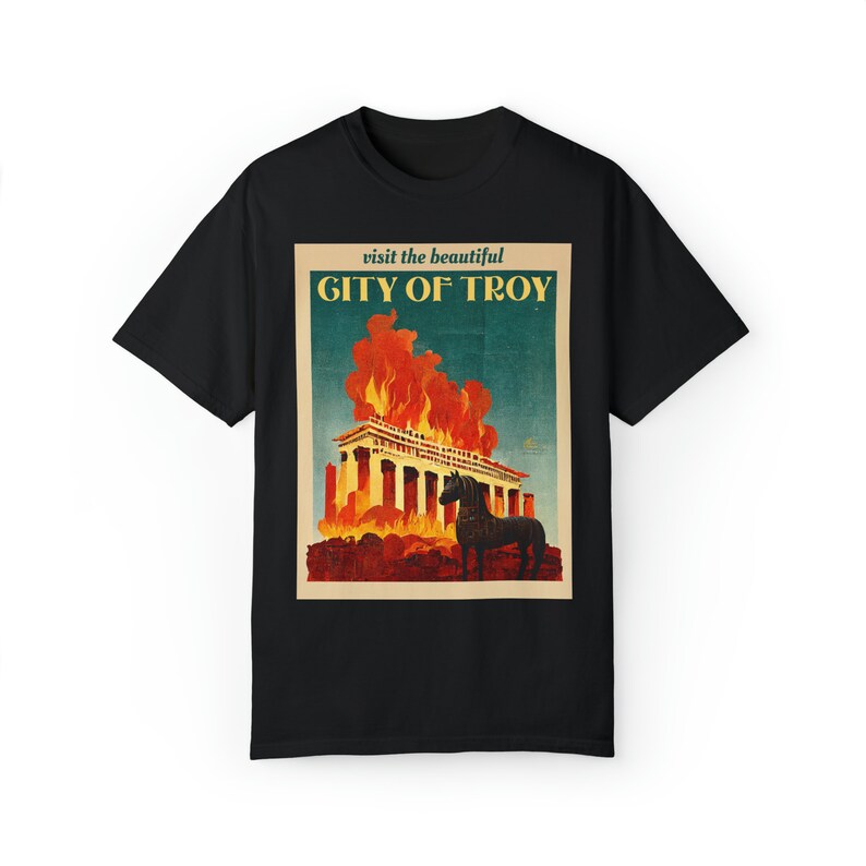 Trojan Horse Shirt Comfort Colors Vintage Poster Greek Mythology Shirt City of Troy Trojan War Dark Academia Clothing Achilles Shirt Black