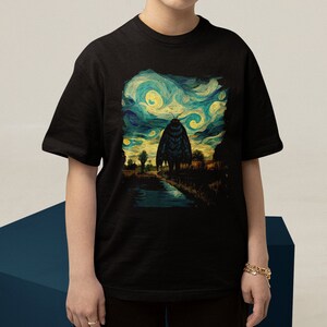 May include: Black t-shirt with a graphic print of a large moth in a starry night sky, reminiscent of Vincent van Gogh's painting.