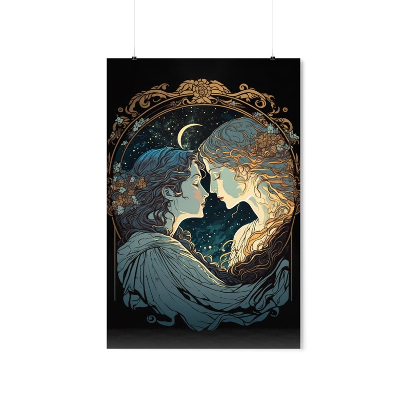 May include: Two women with long flowing hair are embracing in a stylized illustration. They are surrounded by a gold frame with floral details and a crescent moon. The background is a dark blue with stars.