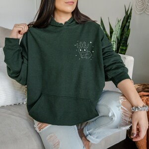 May include: A dark green hooded sweatshirt with a white outline of a small deer with antlers and stars on the front.