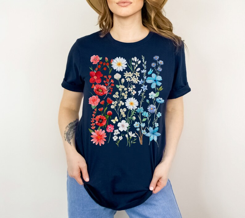 Patriotic Wildflowers Shirt Pressed Flower Shirt Red White and Blue ...