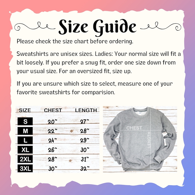 Peut inclure: Tableau des tailles pour sweat-shirts avec des mesures en pouces pour la poitrine et la longueur. Les tailles vont du S au 3XL. Le tableau comprend un sweat-shirt gris avec les mots "Poitrine" et "Longueur" indiqu&eacute;s.