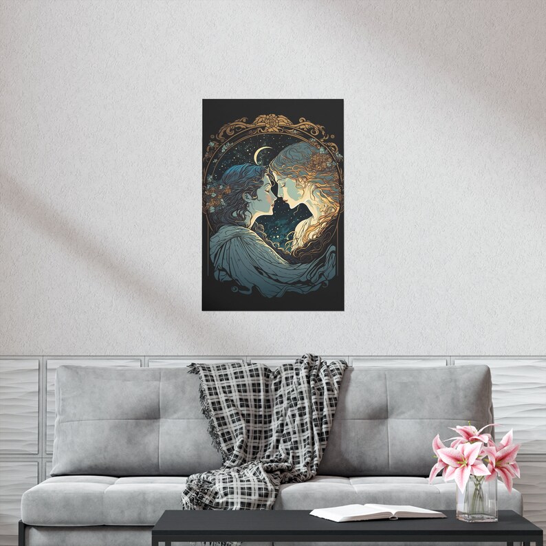 May include: A digital illustration of two women facing each other, with a crescent moon and stars in the background. The women are drawn in a vintage style with intricate details and soft colors.
