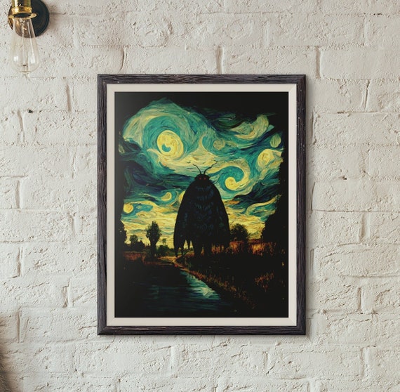 Mothman Poster Mothman Art Print Mothman Wall Art Mothman Gift Starry Night Style Poster Cryptid Poster Cryptids Cryptidcore Art