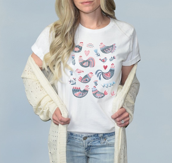 Cottagecore Chicken Shirt, Folkart Chicken Tshirt, Folk Art Animal Tee, Cute Scandinavian Chicken T-Shirt, Just a Girl Who Loves Chickens