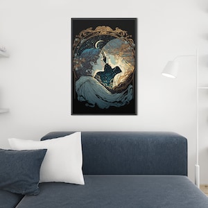 May include: A framed illustration of two people facing each other. The image is in a dark blue, gold, and white color scheme. The people are surrounded by a decorative frame with a crescent moon and stars.