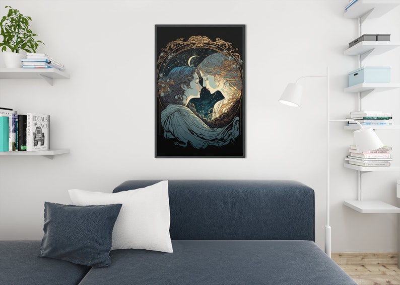 May include: A framed illustration of two people facing each other. The image is in a dark blue, gold, and white color scheme. The people are surrounded by a decorative frame with a crescent moon and stars.
