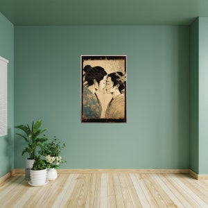 May include: A vintage-style illustration of two women in traditional Japanese clothing, facing each other with their foreheads touching. The image is in shades of brown, blue, and white, with a textured background.