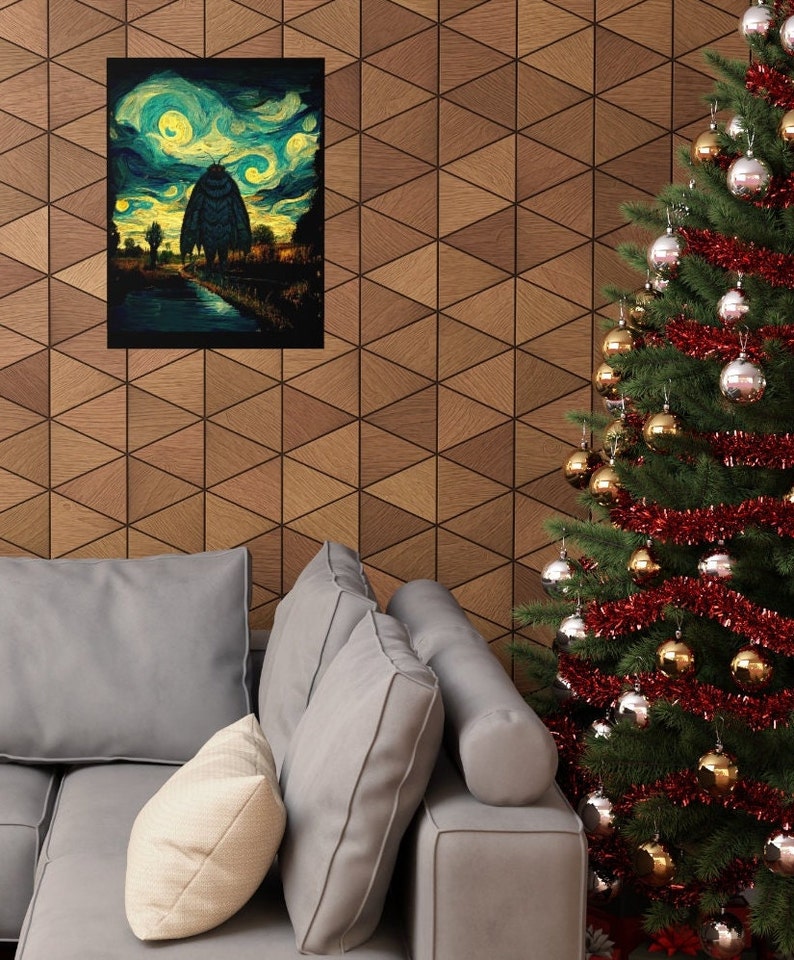 May include: A digital painting of a large, dark moth standing in a field with a starry night sky in the background. The painting is in a style reminiscent of Vincent van Gogh's Starry Night.