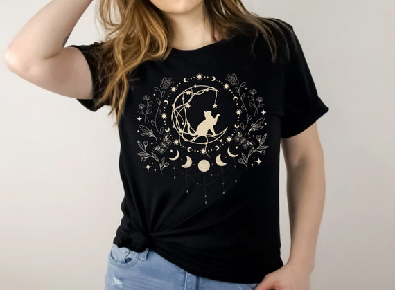 Mystical Cat Shirt Whimsigoth Shirt Mystical Shirt Celestial Shirt Whimsigoth Clothing Whimsigoth Fashion Goth Clothes Dark Cottagecore Tee