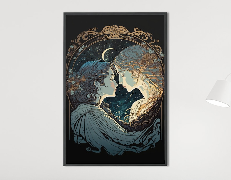 May include: Two women with long flowing hair are depicted in a stylized illustration. They are facing each other, their foreheads touching, with their eyes closed. The background is a dark blue with gold stars and a crescent moon. The women are framed by a gold ornate oval.