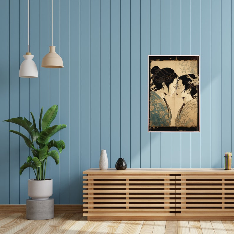 May include: A vintage-style illustration of two people in traditional Japanese clothing, with a faded background. The two figures are facing each other, with their foreheads touching.