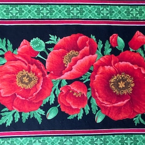 Border Print Fabric in a Rich Red Poppy Flower Print, Premium Cotton Fabric