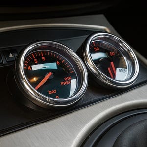 May include: Close-up of two automotive gauges with chrome bezels. The gauges have black faces with red needles and white markings. One gauge reads "bar" and "OIK PREF". The other gauge has numbers up to 50. The gauges are set in a brushed metal dashboard.
