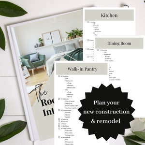 May include: A checklist for planning a home renovation or new construction project. The checklist includes categories for flooring, cabinets, countertops, lighting, faucets, sinks, shelving, and paint colors. The checklist is titled "Plan your new construction & remodel".