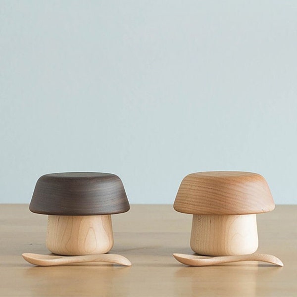 Baby & Kids Wooden Mushroom Bowl Set, Natura Safe and gentle first wooden cup bowl and spoon, Handcrafted In Japan By Sunaolab, Unique Gift