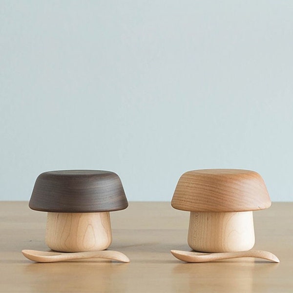 Ensemble de bols champignons en bois pour bébés et enfants, Natura, premier bol et cuillère en bois sûrs et doux, fabriqué à la main au Japon par Sunaolab, cadeau unique